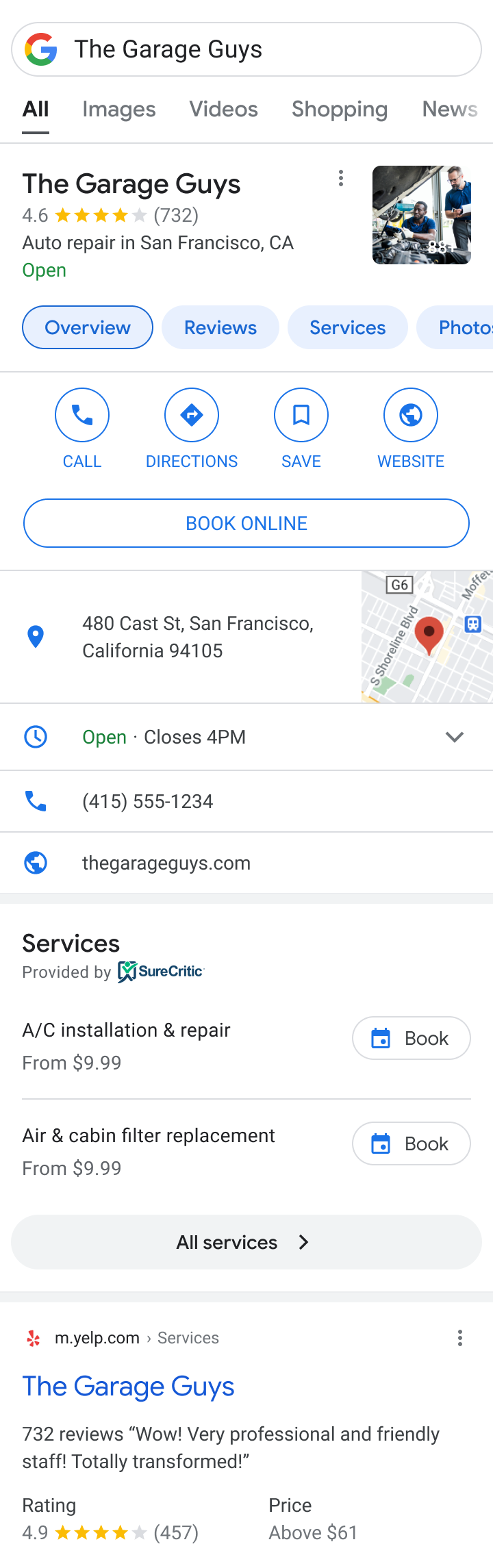 Google Business Profile on a phone, showing a Book Online button for the shop