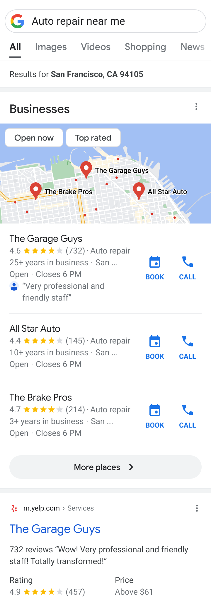 Google Search list results showing the shop with a Book button