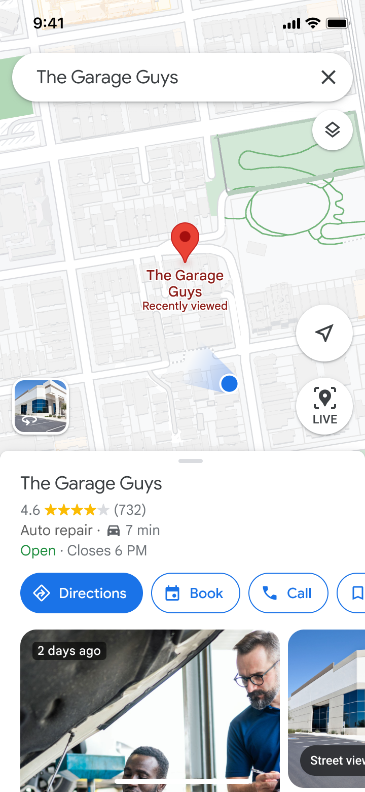 Google Maps on iPhone showing the shop’s listing with a Book button